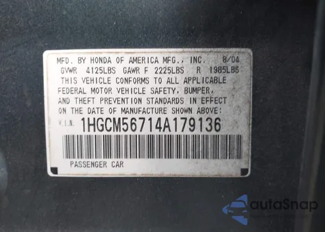 2004 Honda Accord 2.4 Ex z USA, uszkodzony, nr VIN 1HGCM56714A179136